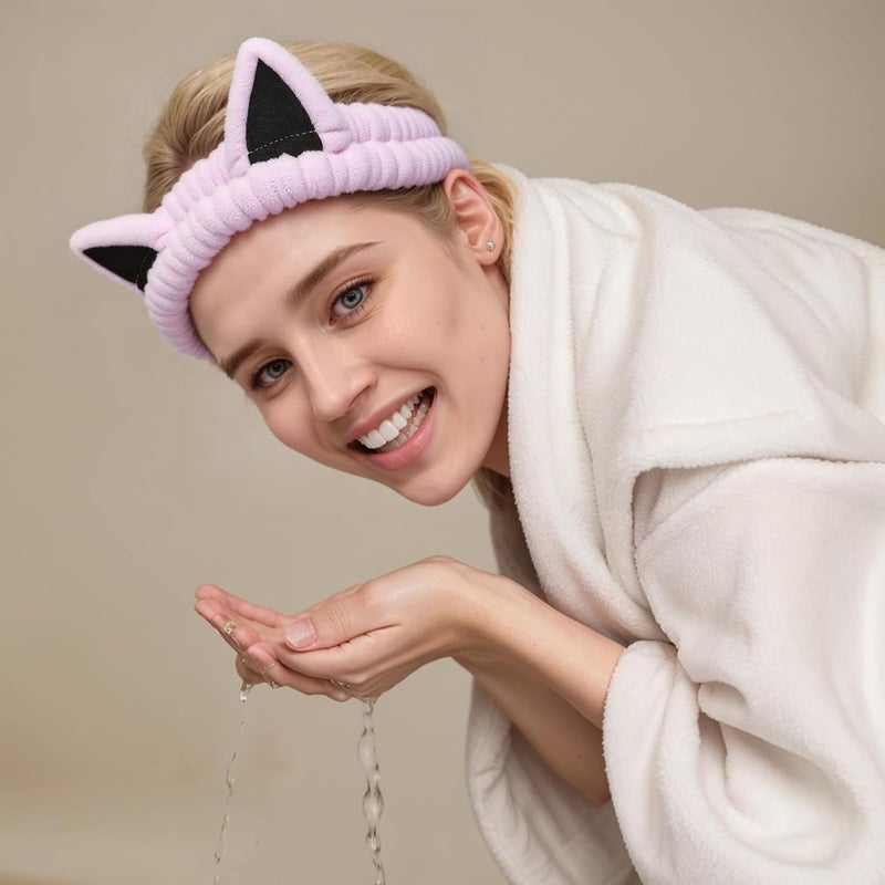 Waliah 2 Pcs Cat Ears Headband, Cute Spa Headbands for Washing Face Skincare Makeup Headbands for Women Girls Trendy Stuff Present Soft Coral Fleece Hair Accessories(Pink Purple) - Image 3